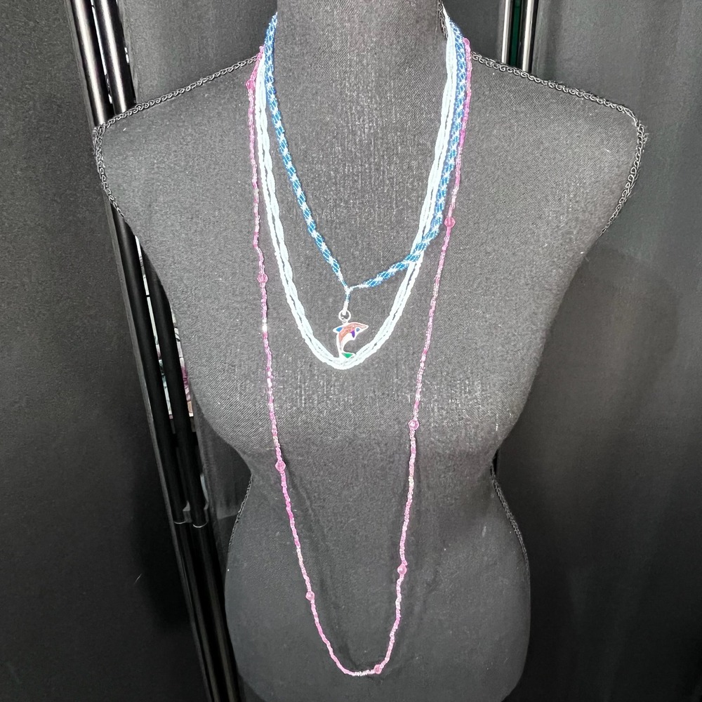 Beaded Necklace Dolphin Charm Layered Blue‎ Pink White Silver Tone Pendant